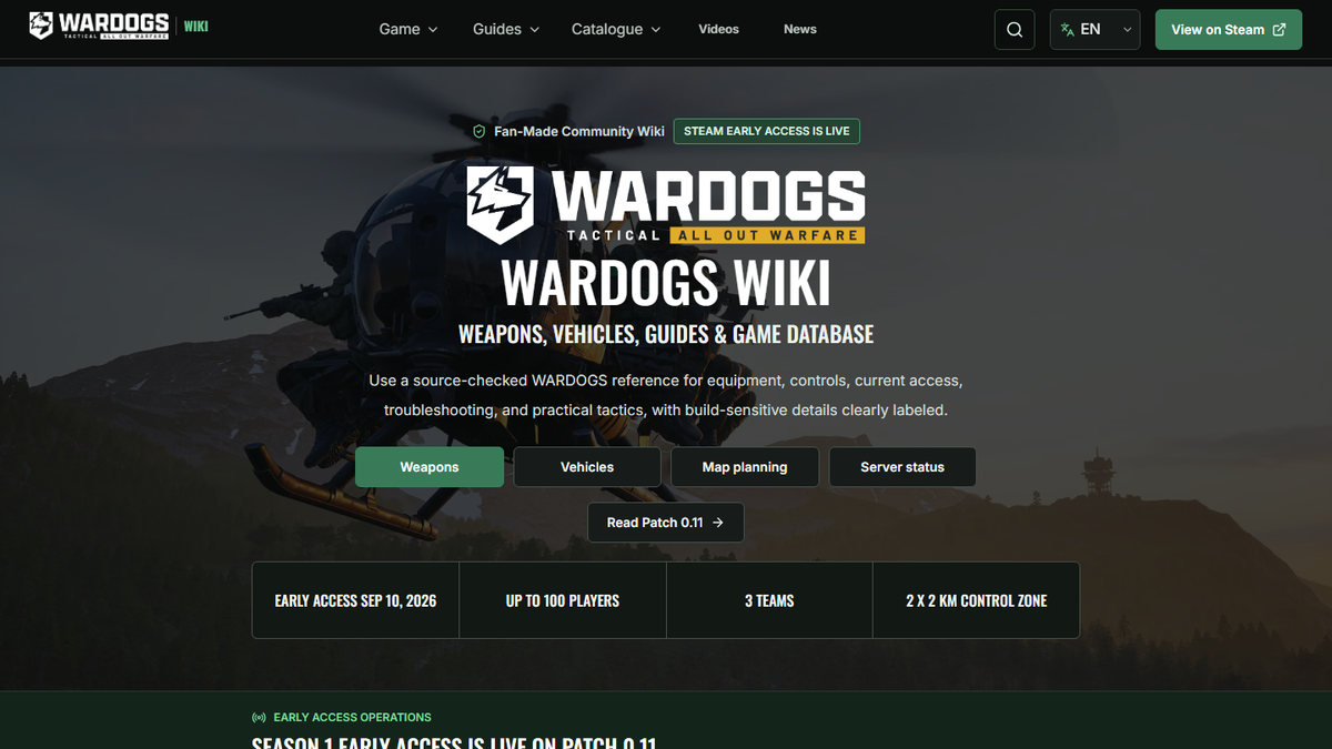 WARDOGS Wiki 英文首页首屏,展示武器、载具、攻略与游戏资料库入口